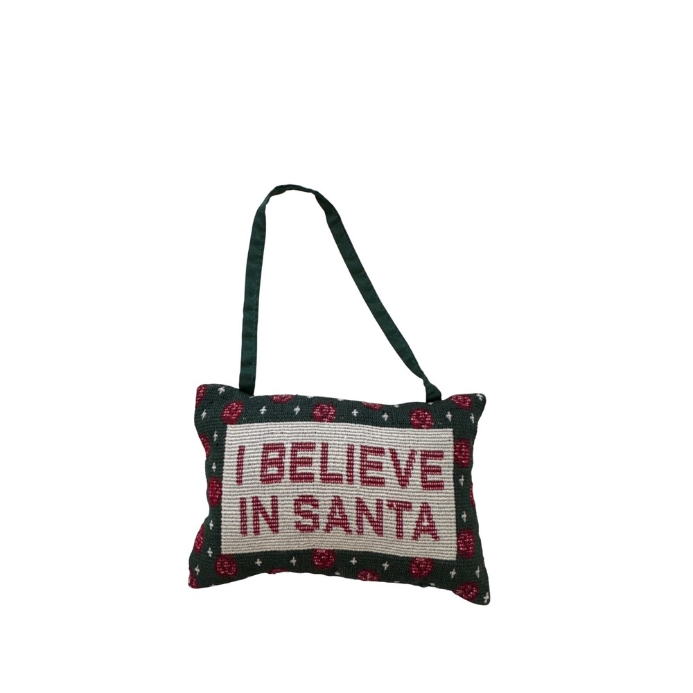 I Believe In Santa Needlepoint Christmas Door Hanger Pillow Green‎ Red Holiday